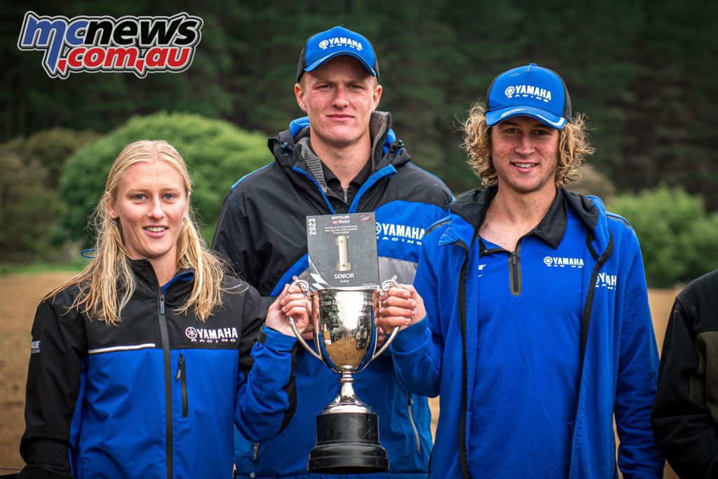 The PWR Yamaha team had a successful 2023 national cross country series season with (from left) Charlotte Russ winning the Senior Women’s title, Wil Yeoman claiming his first Senior crown and Luke Brown finishing up third on the Senior podium - Image by Jade Cvetkov Photography
