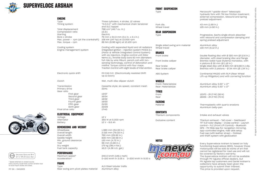 MV Agusta Superveloce Arsham Special Edition specifications