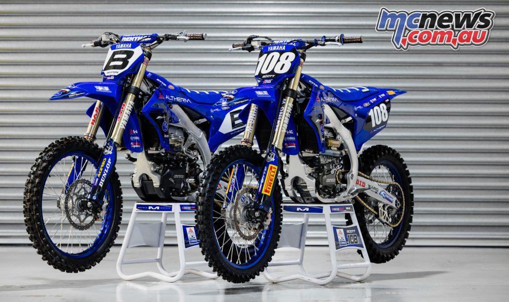 The Altherm JCR Yamaha team’s motocross motorcycle line-up (from left) features MX1 rider Jed Beaton’s YZ450 (#B) and MX2 rider James Scott’s Yamaha YZ250F (#108) - Image by Henry Jaine