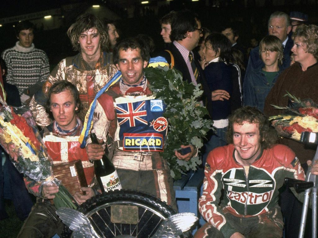 Becoming a five-time world champion in Gothenburg in 1977, beating Peter Collins (right in second place) and Ole Olsen (left in third) - Image courtesy of The John Somerville Collection