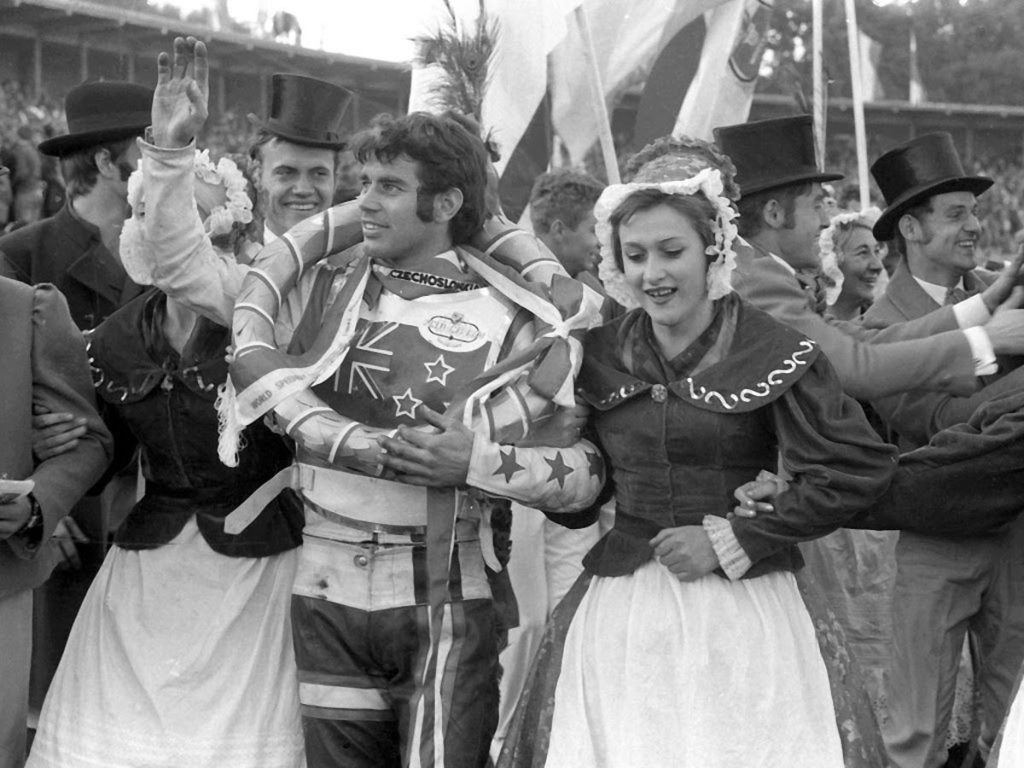Mauger celebrates in Wroclaw after becoming the first rider to win three straight FIM Speedway World Championships in 1970 - Image courtesy of The John Somerville Collection