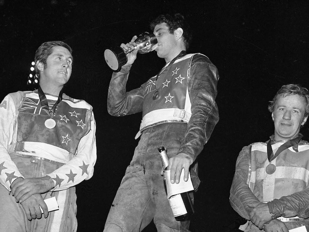 A second taste of world title champagne in two years for Mauger as he beats Briggs (left) and Sweden's Soren Sjosten (right) to the top prize in the Wembley World Final - Image courtesy of The John Somerville Collection