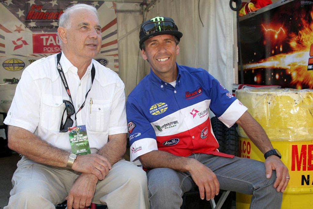 Mauger pictured with four-time world champion Greg Hancock at the 2012 FIM New Zealand Speedway GP in Auckland - Image courtesy of Jarek Pabijan