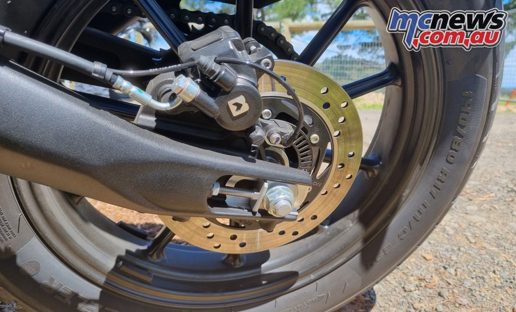 Bybre, or second-rate Brembo brakes do the stopping. There's good feel at the rear, and the front gets powerful with enough lever input