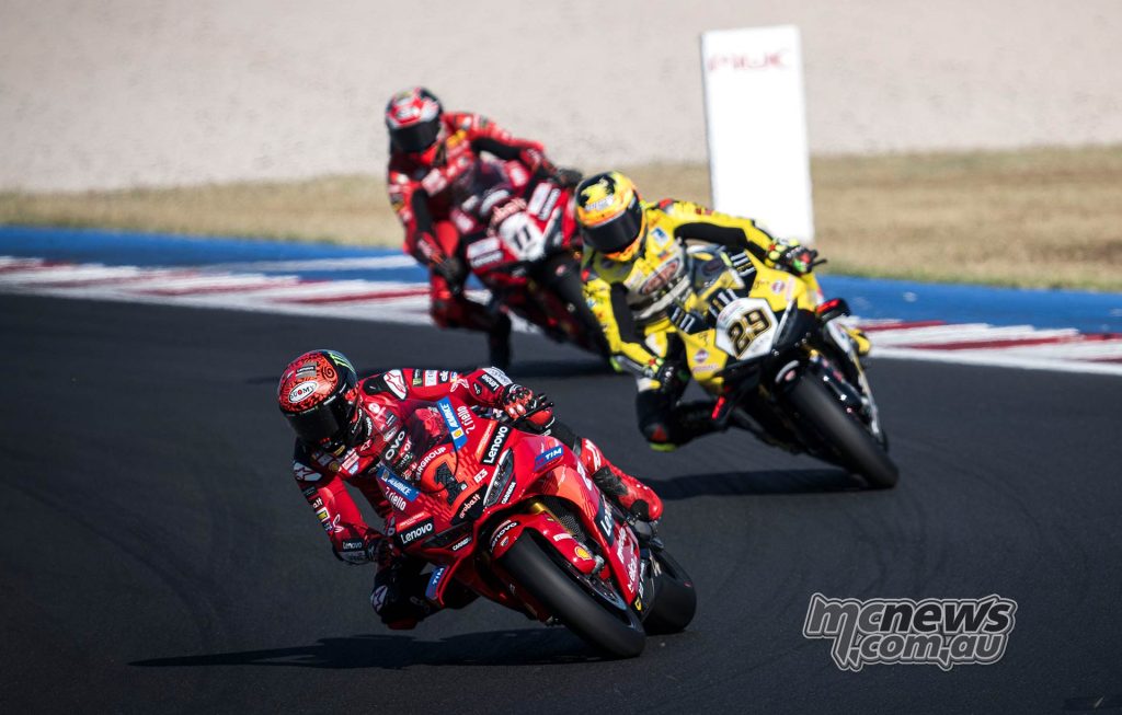 Pecco Bagnaia leads Andrea Iannone and Nicolo Bulega during the Ducati Race of Champions at Misano