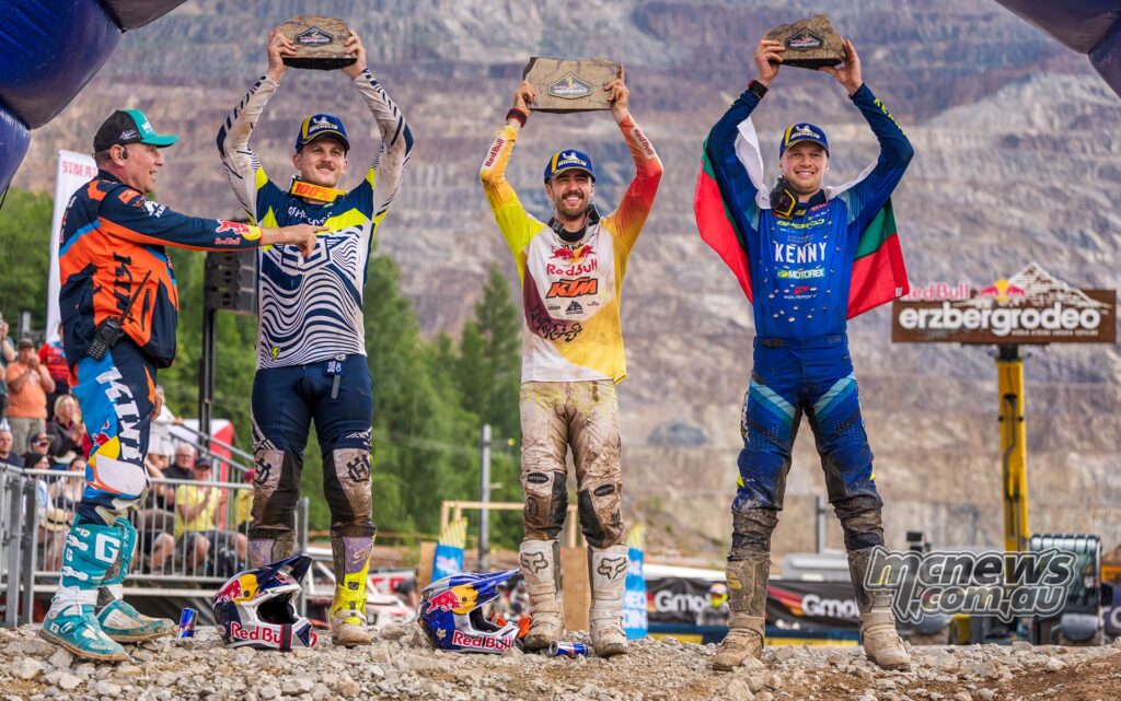 Red Bull Erzbergrodeo Top Ten1. Manuel Lettenbichler (GER) KTM 2h 49m 17.58s
2. Billy Bolt (GBR) Husqvarna 3h 1m 57.565s
3. Theodor Kabakchiev (BUL) Sherco 3h 13m 44.942s