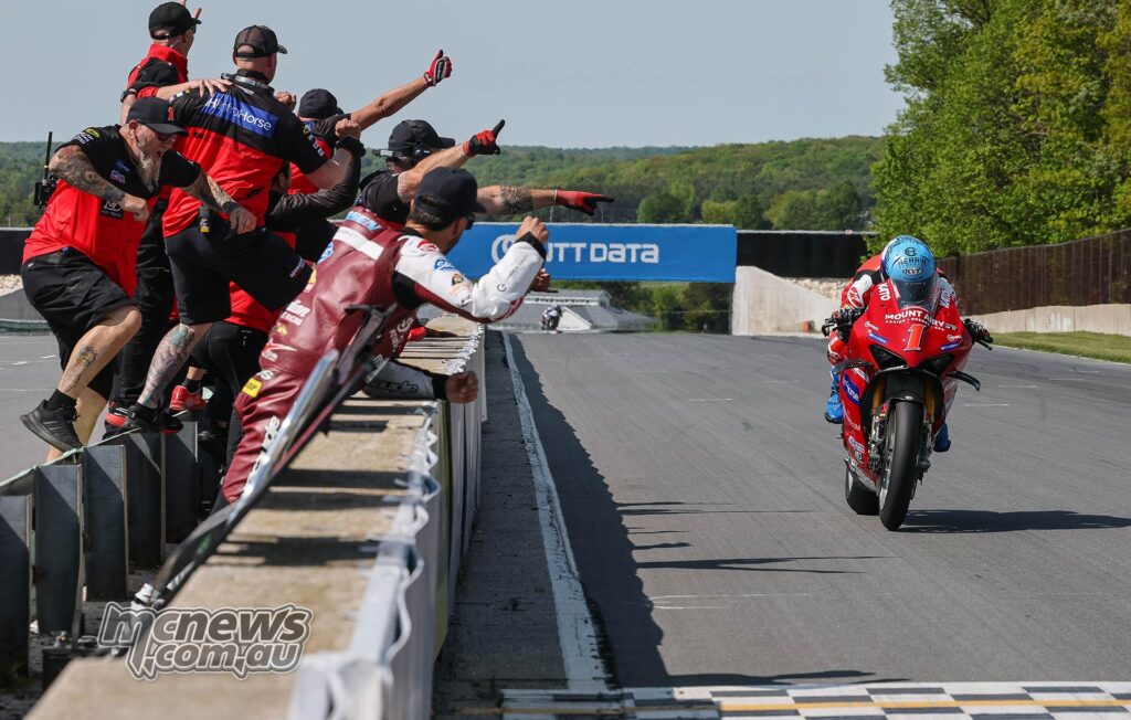 Herrin crosses the finish line to win his first MotoAmerica Superbike race of the year.