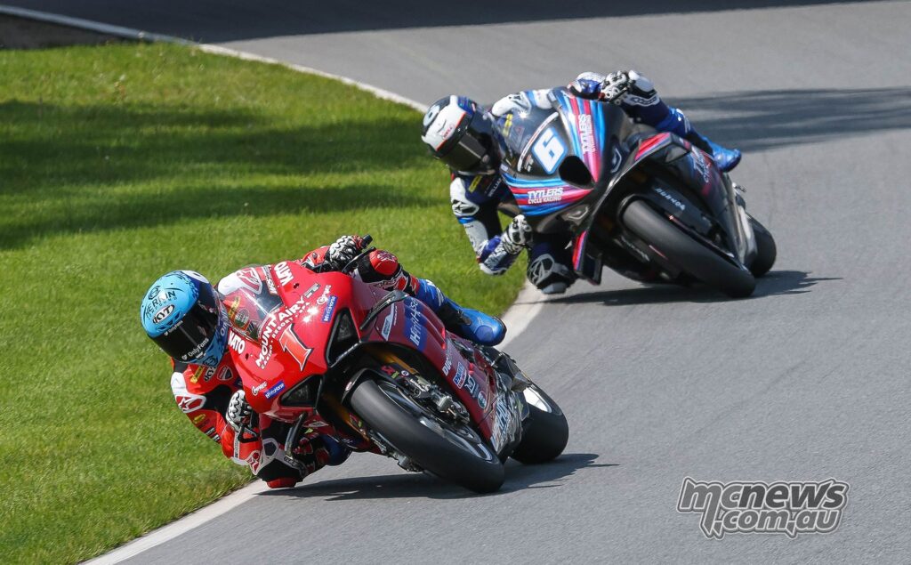 Josh Herrin (1) leads Cameron Beaubier in the second of two MotoAmerica Superbike race on Sunday at Road America.