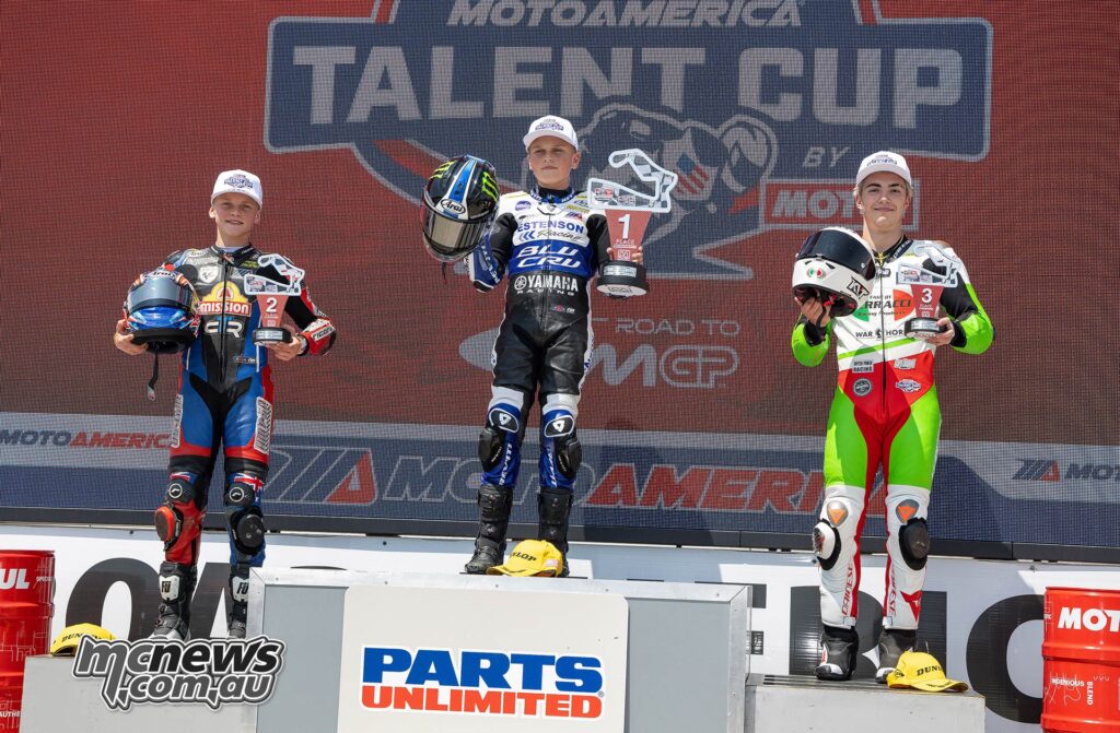 Parts Unlimited Talent Cup by Motul Race One podium - An Aussie 1-2 headed by Sam Drane ahead of countryman Bodie Paige, and well established 16-year-old American Alessandro Di Mario