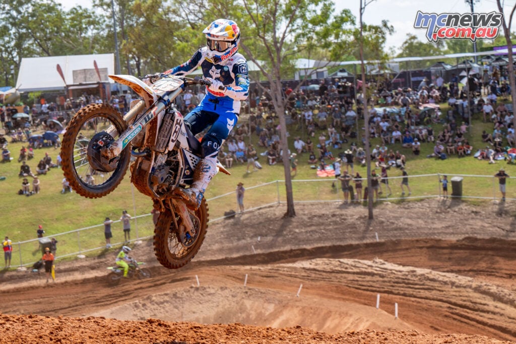 Liam Everts jumps his Nestaan Husqvarna Factory Racing motorcycle during the 2025 MXGP of Australia in Darwin
