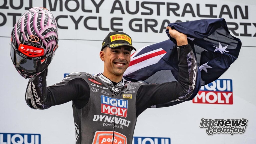 Senna Agius celebrating victory at Phillip Island in 2025