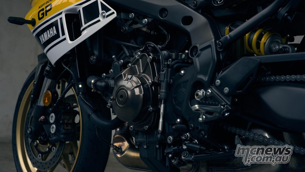 Yamaha XSR900 GP on track showing the fairing and CP3-powered package