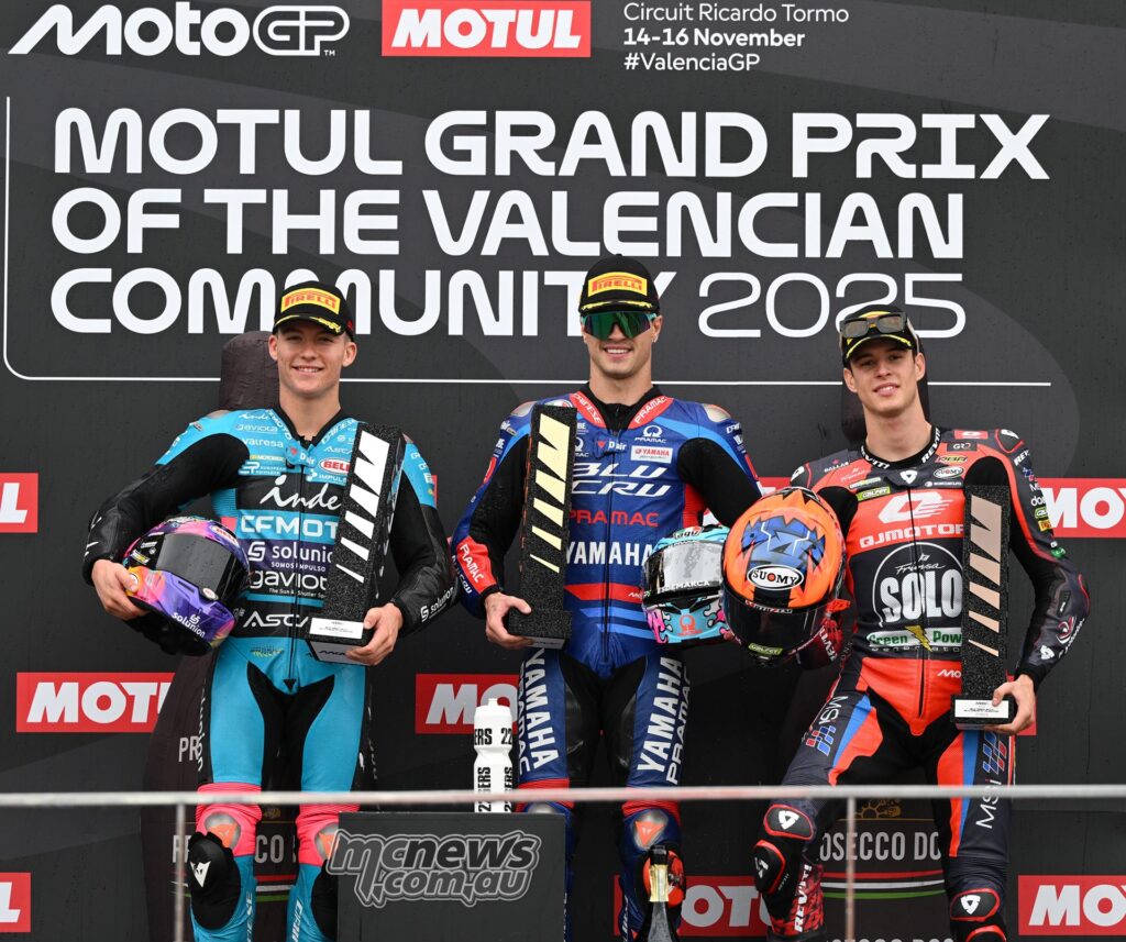 Moto2 2025 - Round 22 - Valencia - Guevera the race winner ahead of Holgado and Ortola