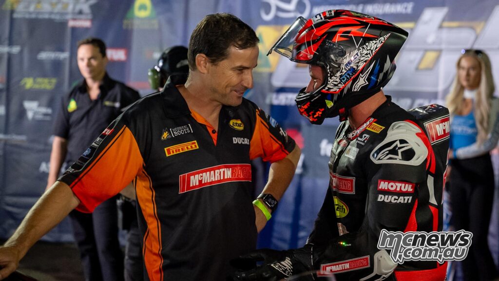 Craig McMartin speaks with Josh Waters in the McMartin Racing Ducati garage