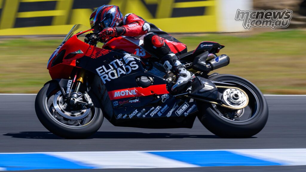 Anthony West riding DesmoSport Ducati V4 R at Phillip Island during ASBK practice 2026