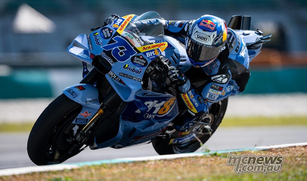 Alex Marquez on the BK8 Gresini Ducati during 2026 MotoGP Sepang Test running.