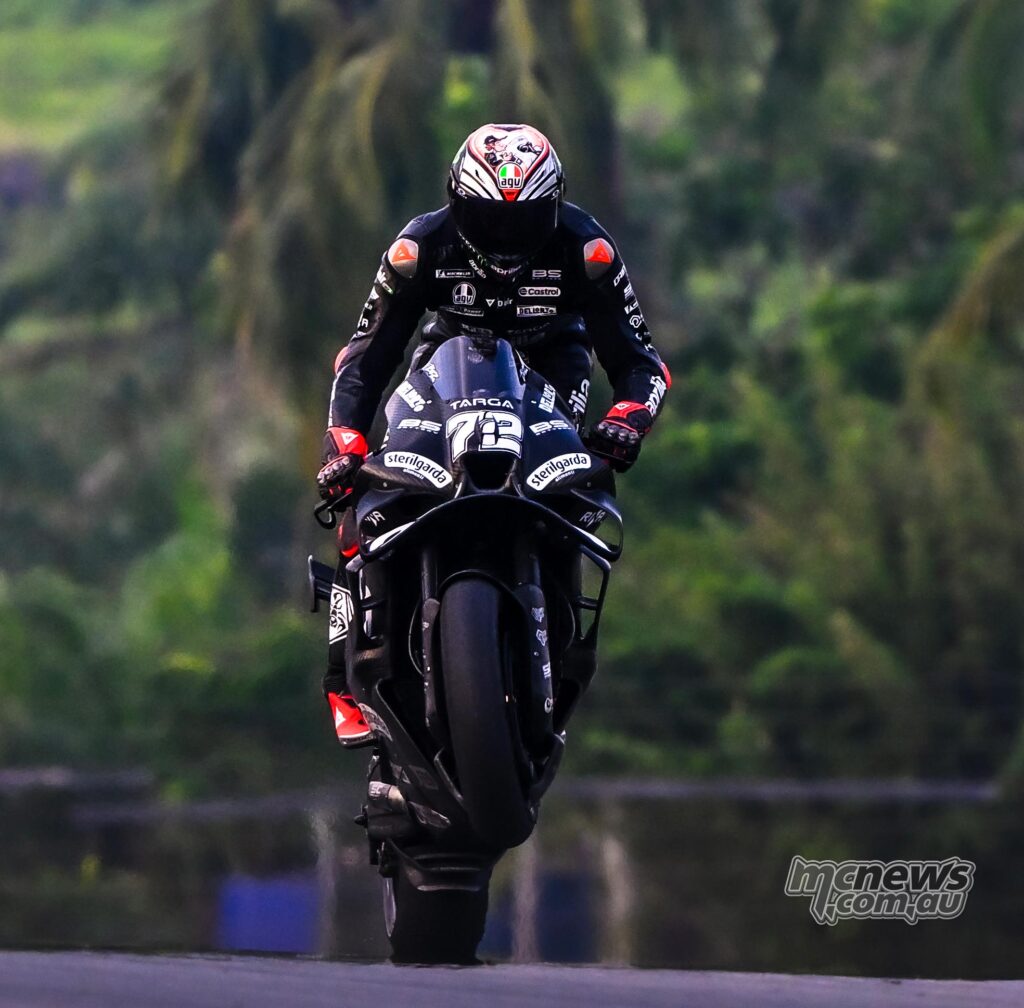 Marco Bezzecchi riding the Aprilia RS-GP during the 2026 MotoGP Sepang Test.