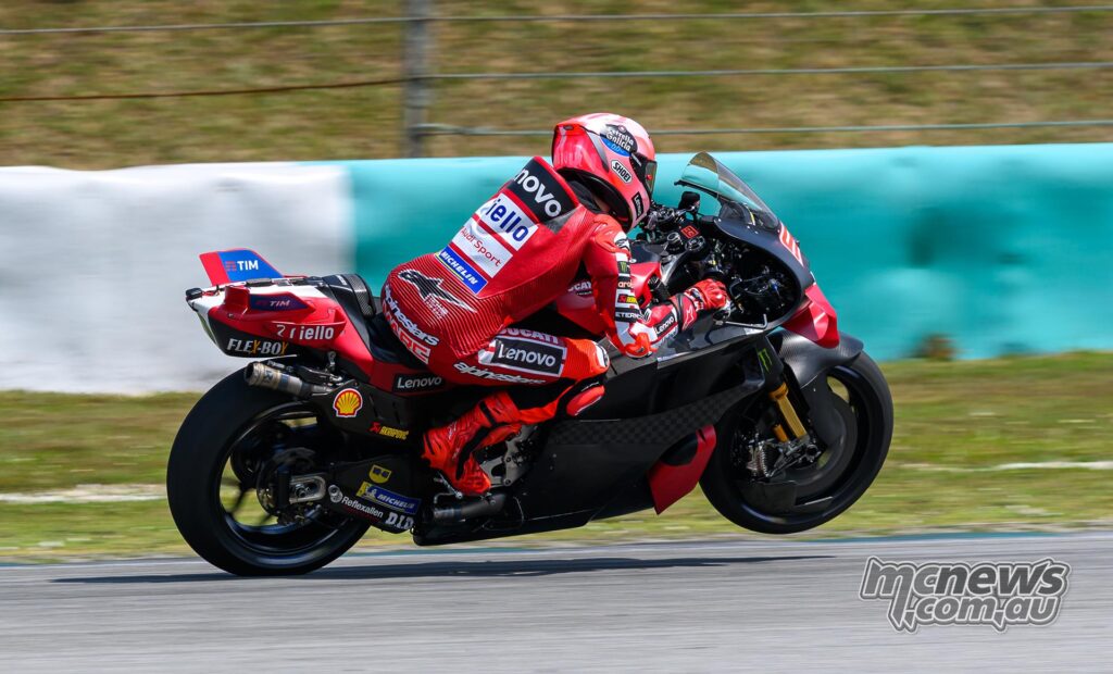 Marc Marquez riding the Ducati Lenovo Team Desmosedici during 2026 Sepang MotoGP testing.