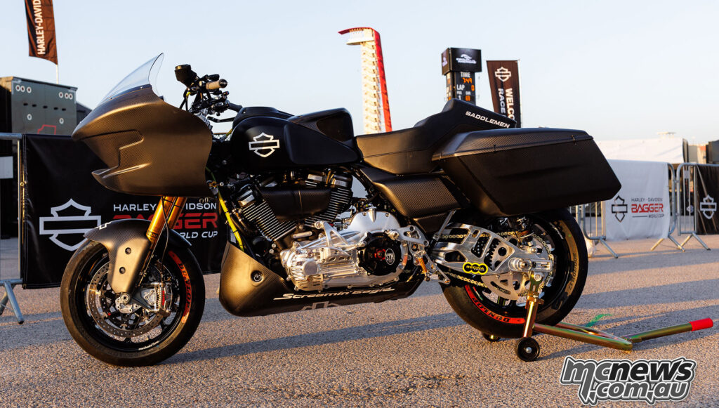 Full side view of a 2026 FIM Harley-Davidson Bagger World Cup race bike at COTA.