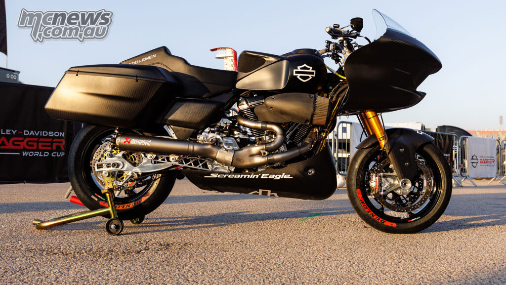 Harley-Davidson Road Glide Bagger World Cup race bike shown in detailed three-quarter view.