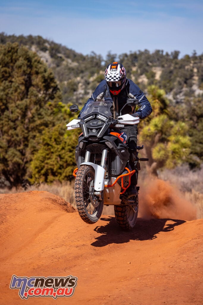 2026 KTM 1390 Super Adventure R blasting through desert sand during MCNews review