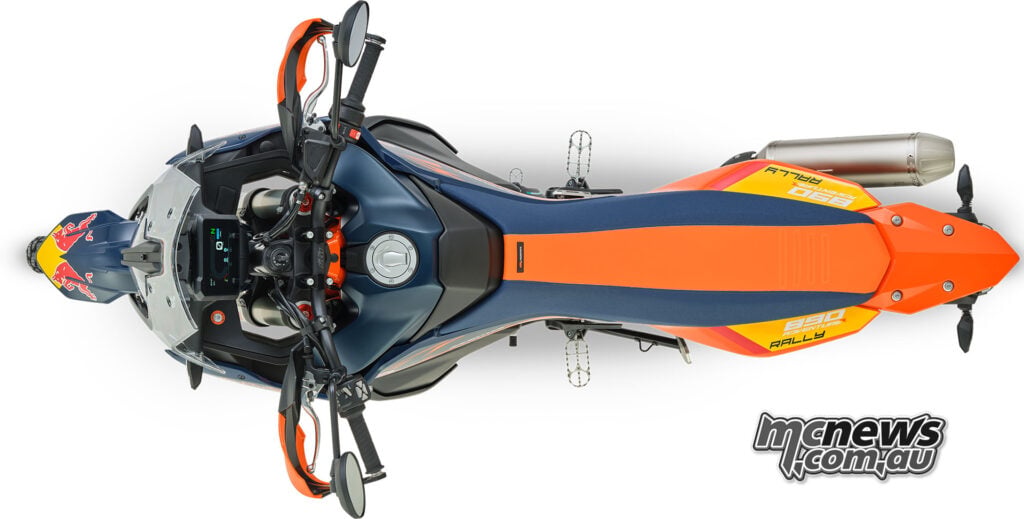 Top view of the 2026 KTM 890 Adventure R Rally showing rally seat, TFT display and slim adventure bike layout
