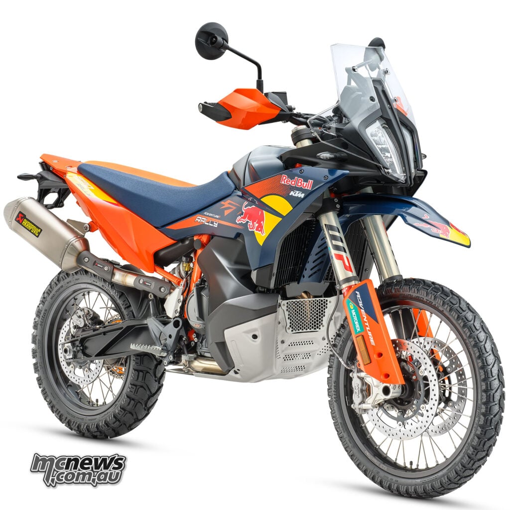 2026 KTM 890 Adventure R Rally front three-quarter studio image showing long-travel suspension and rally fairing