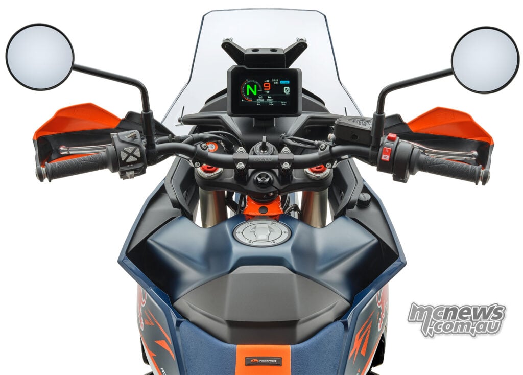 Cockpit view of the 2026 KTM 890 Adventure R Rally showing 5-inch TFT display, handlebars and touring screen