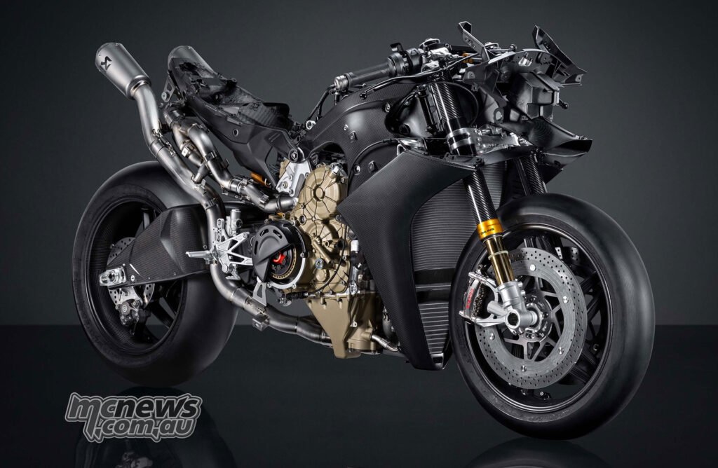 Close-up of Ducati Superleggera V4 Centenario front brake, carbon-ceramic disc and Öhlins carbon-sleeved fork.