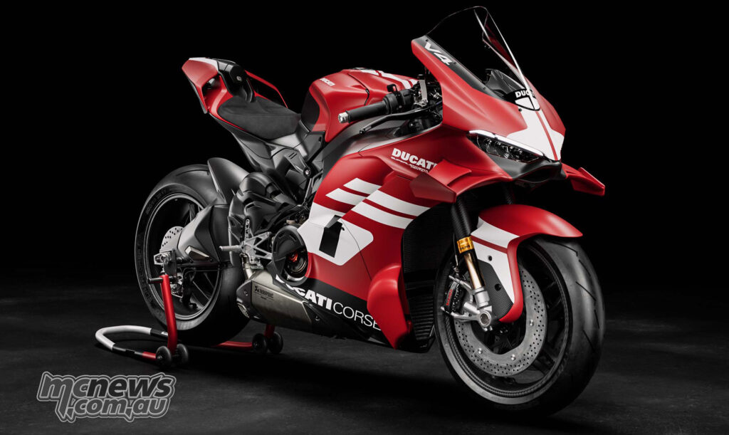 Front three-quarter view of the Ducati Superleggera V4 Centenario showing winglets, front brake hardware and carbon bodywork.