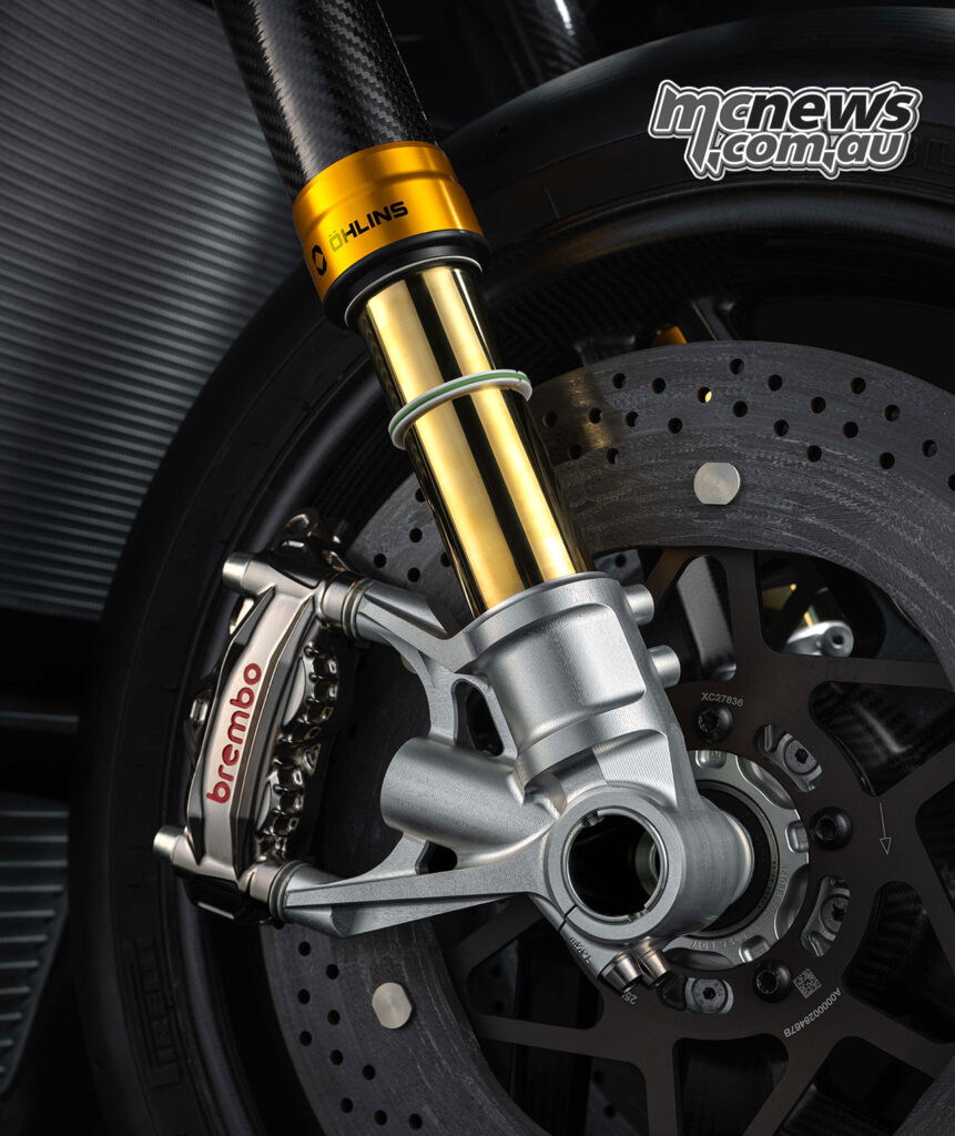 Studio image of the Ducati Superleggera V4 Centenario Öhlins carbon fork assembly.