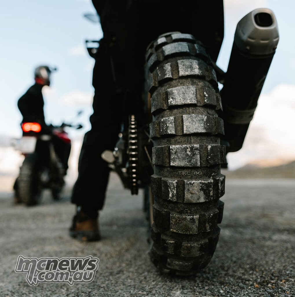 Low rear view of a motorcycle fitted with a Continental TKC 80² tyre.