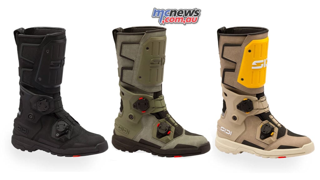 Three SIDI Taurus GTX adventure-touring boots shown side by side in black, deep forest and sand-ochre colourways.
