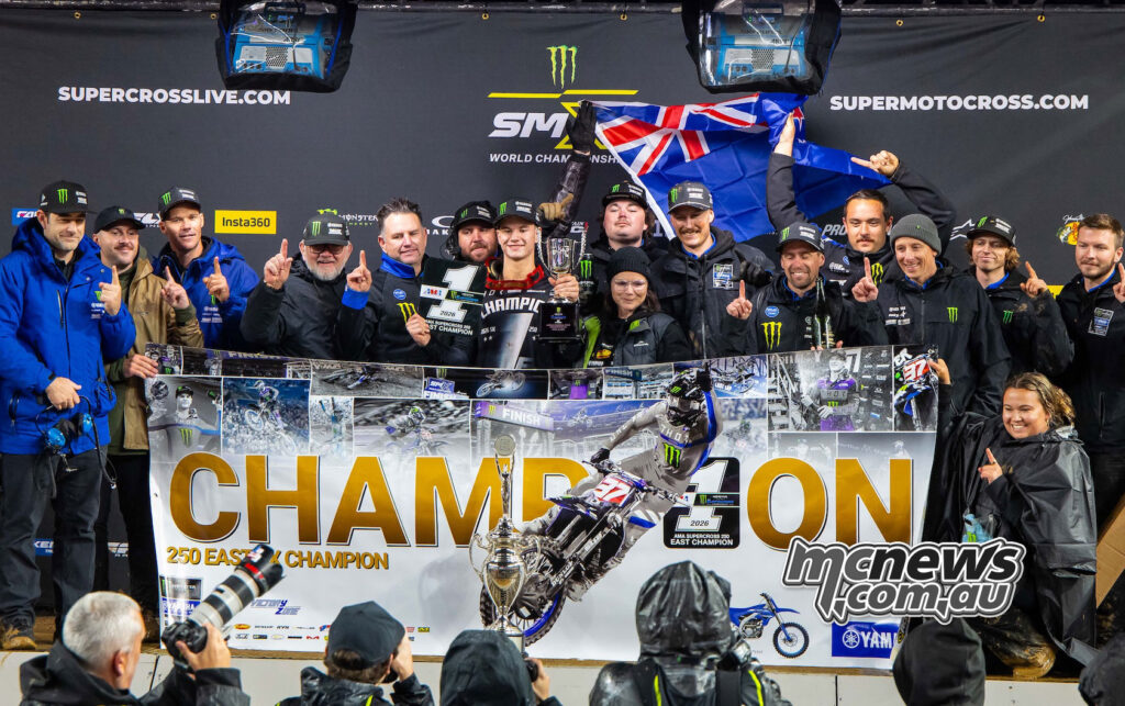 Cole Davies 2026 AMA Supercross 250 East Champion celebrating with Yamaha team Philadelphia