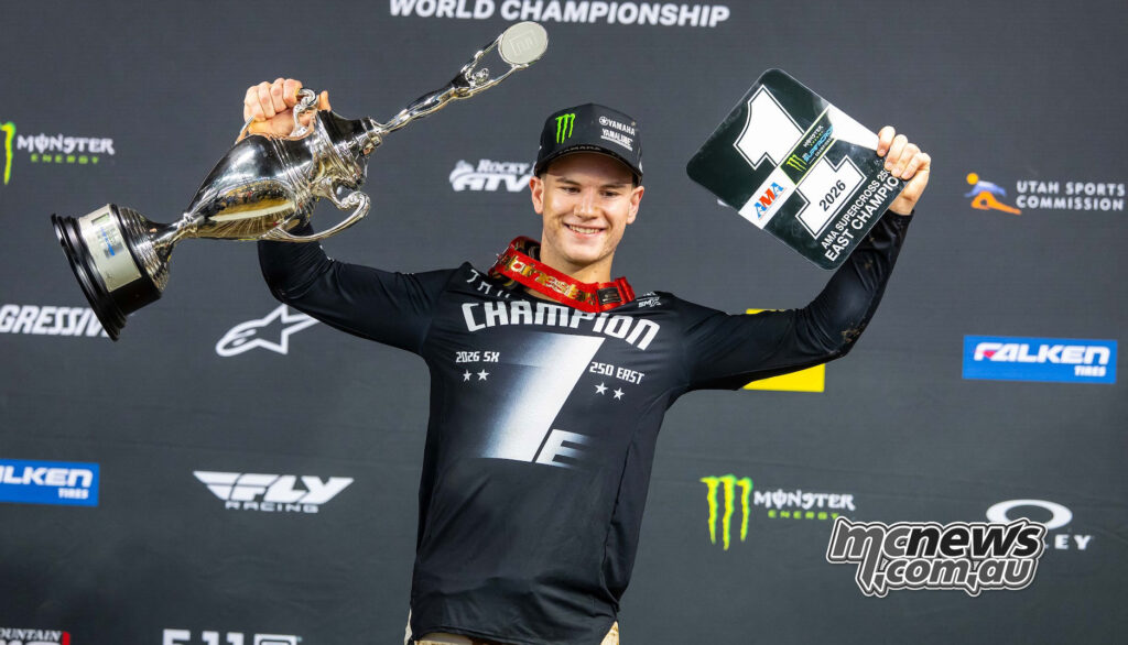 Cole Davies 2026 AMA Supercross 250 East Champion celebrating with Yamaha team Philadelphia