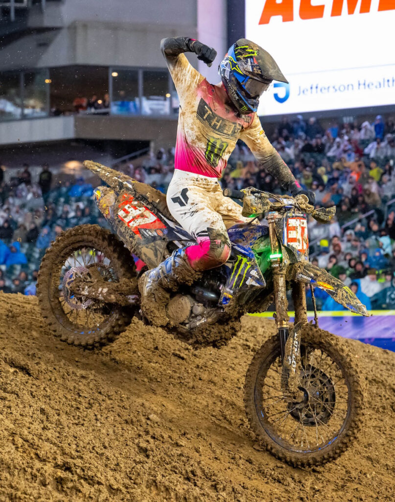 Cole Davies riding Yamaha in muddy Philadelphia Supercross 250 race conditions
