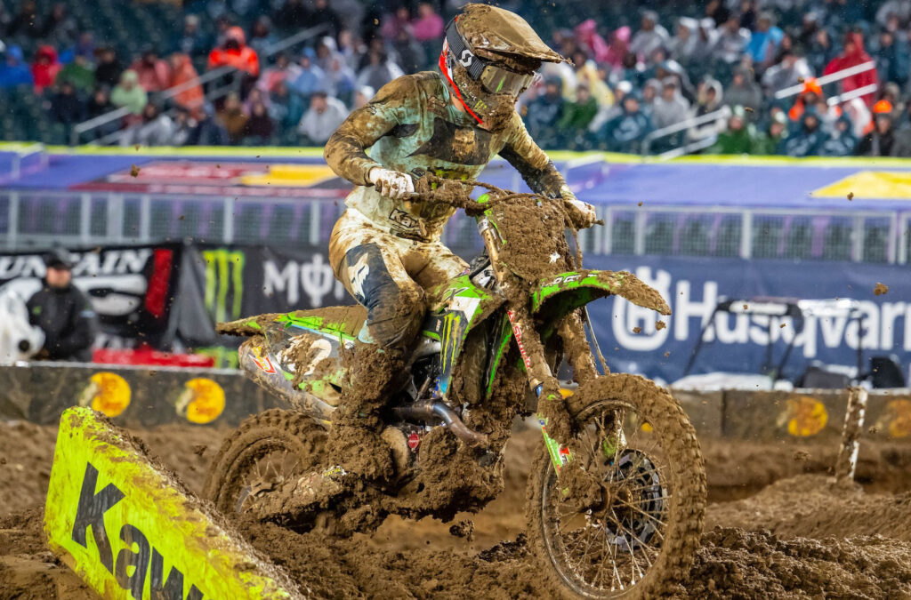Seth Hammaker Kawasaki riding in muddy Philadelphia Supercross 250 race