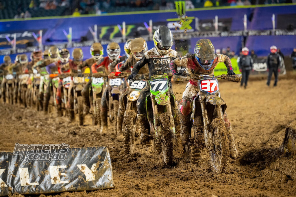 250 Supercross restart Philadelphia muddy track riders pack racing