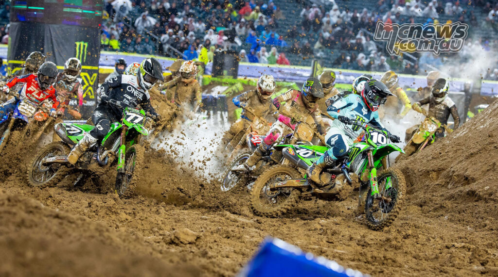 250 Supercross riders racing through deep mud in Philadelphia