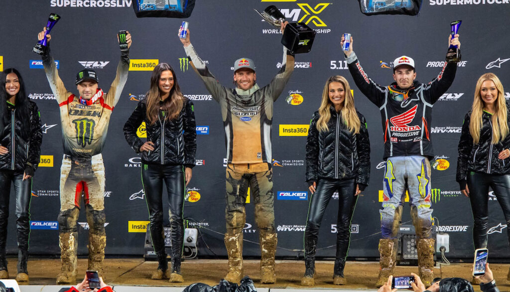 Philadelphia Supercross 450 podium Roczen Webb Lawrence muddy conditions