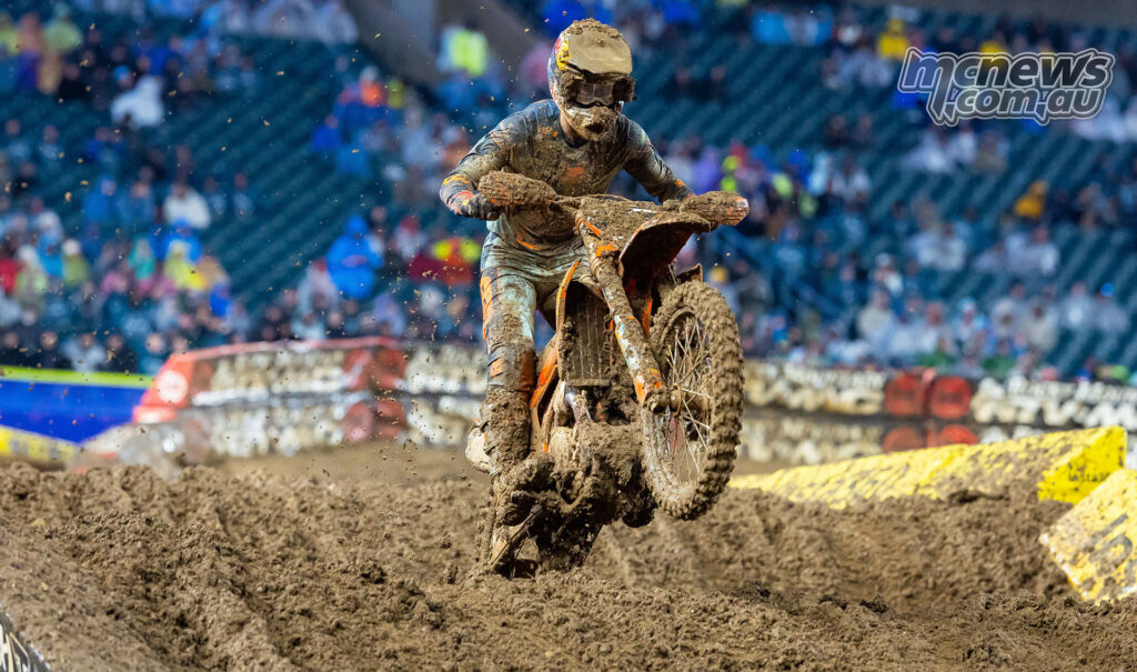 Jorge Prado riding in mud Philadelphia Supercross 450 race ruts