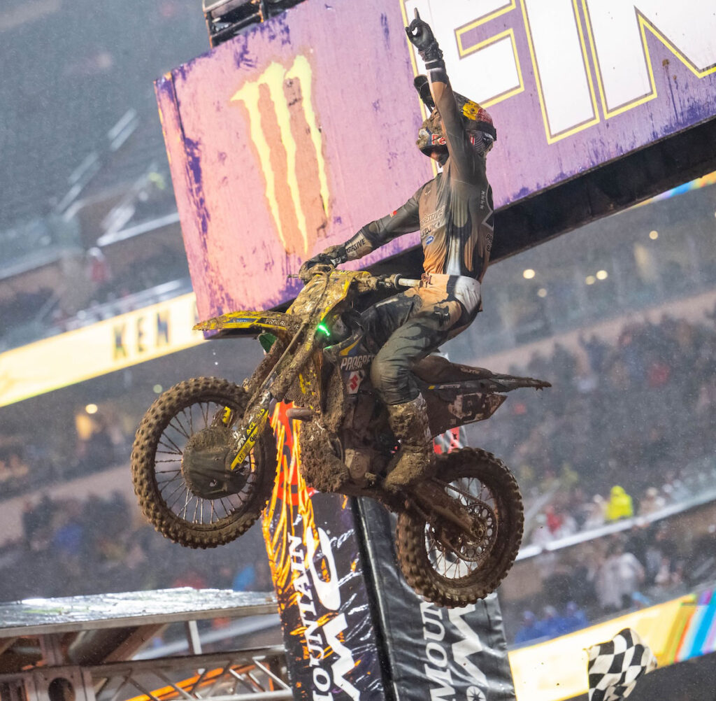 Ken Roczen celebrating win Philadelphia Supercross muddy conditions