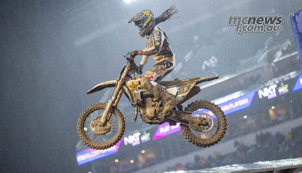Malcolm Stewart riding Husqvarna muddy Philadelphia Supercross race