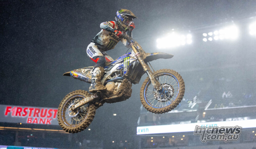 Cooper Webb Yamaha riding muddy Yamaha in Philadelphia Supercross 450 race