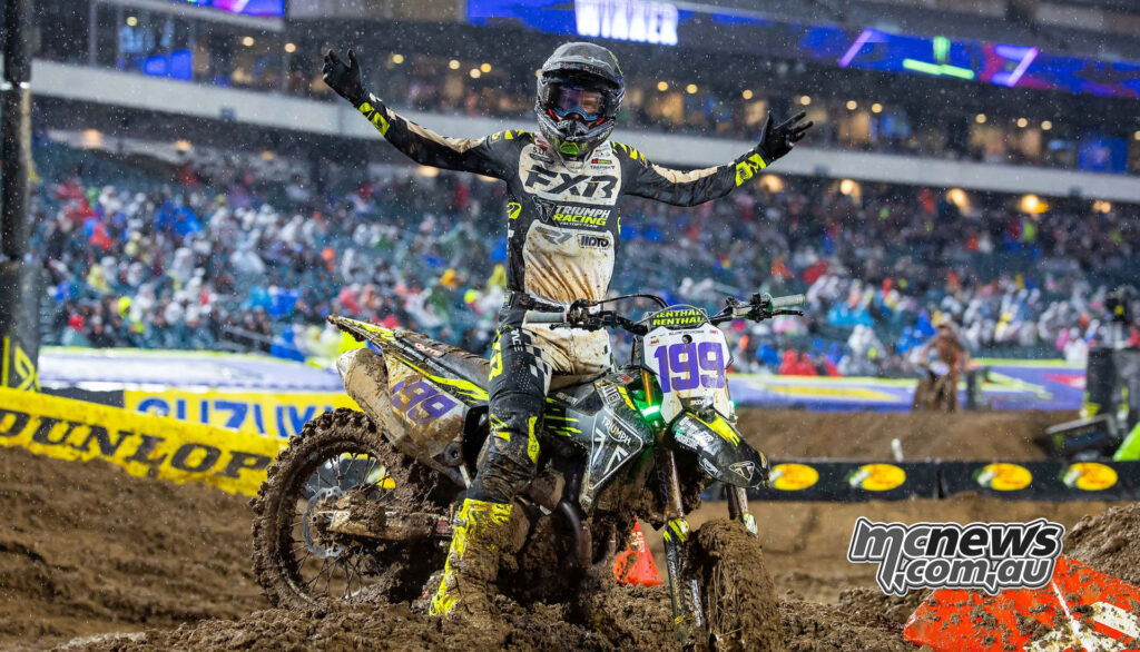 Deacon Denno celebrating SMX Next win Philadelphia Supercross
