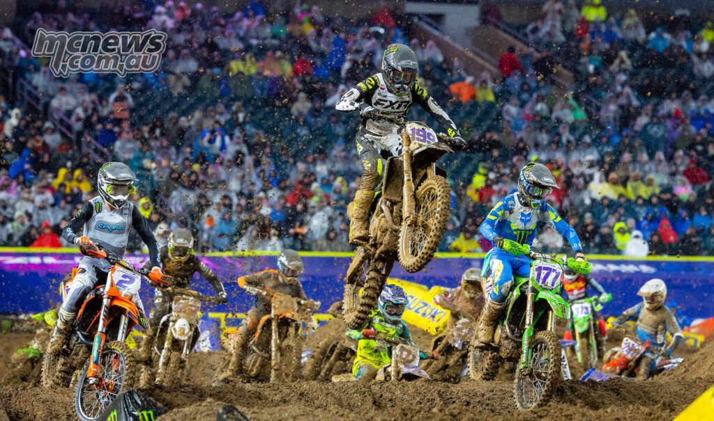 Deacon Denno leading SMX Next field muddy Philadelphia Supercross