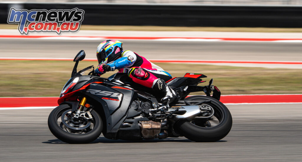 Rennie Scaysbrook riding the 2026 Aprilia RSV4 Factory 1100 at Circuit of the Americas