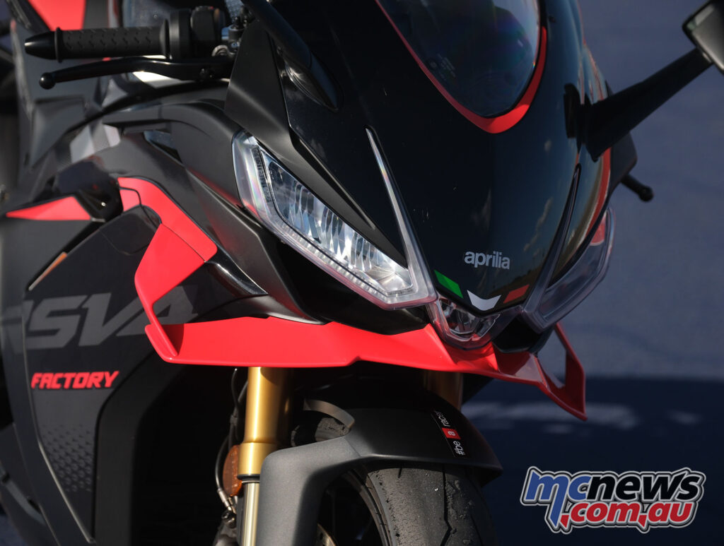 Close-up of the Aprilia RSV4 Factory 1100 winglets and front fairing