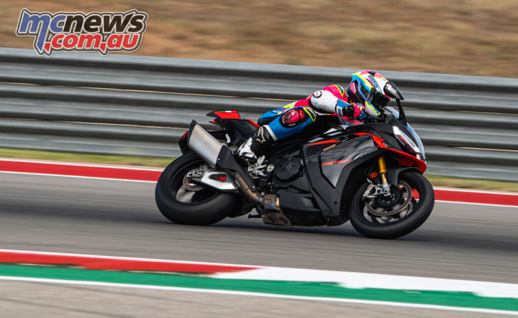 Aprilia RSV4 Factory 1100 V4 superbike leaned over through a corner at COTA