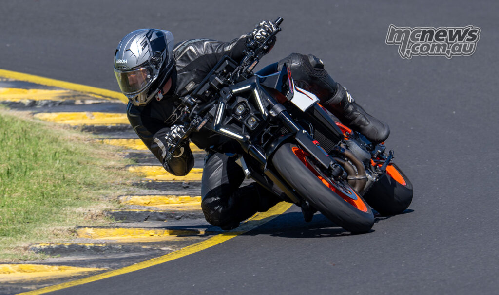 KTM 990 Duke R leaned over at Sydney Motorsport Park
